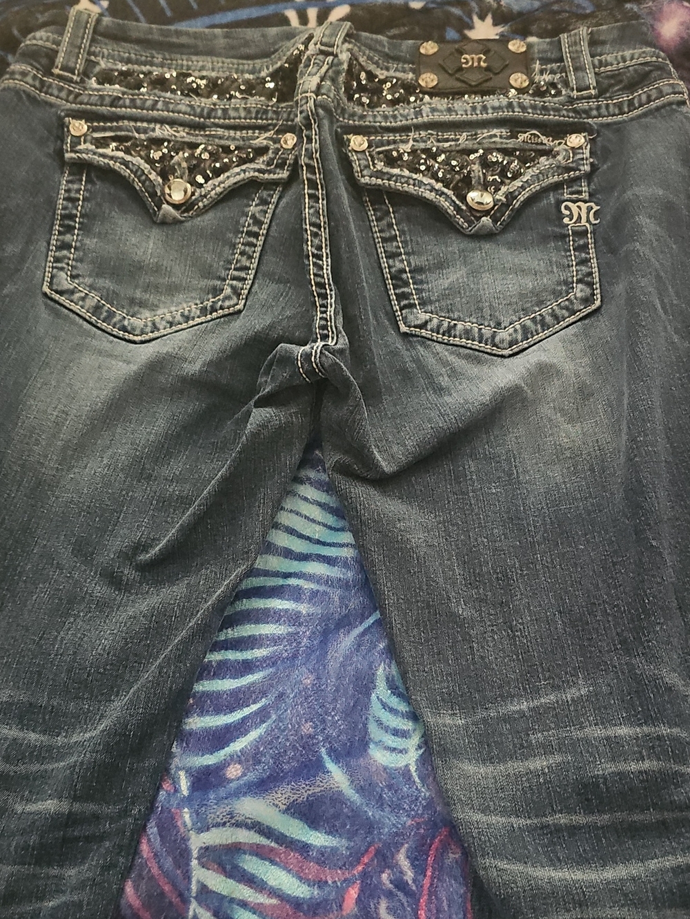 Miss Me Dark Blue Boot Cut Jeans with Sequin Back Pockets